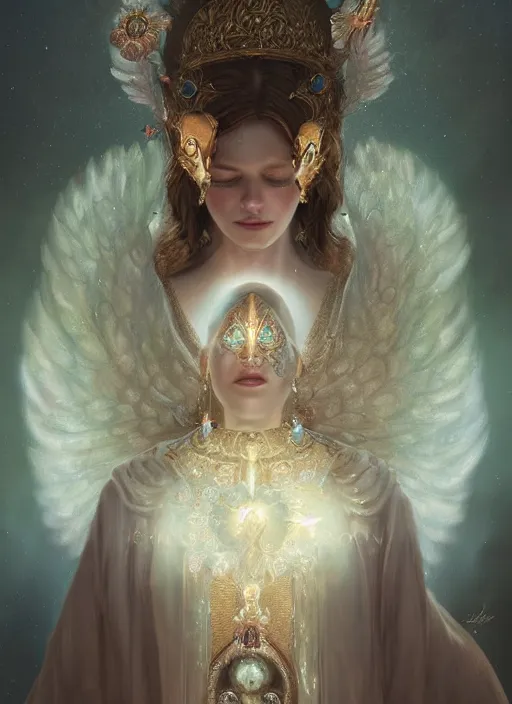 Image similar to A beautiful digital painting of a female Seraphim full of jewels, princess, the moon behind her, intricate, cinematic lighting, highly detailed, digital painting, Artstation, concept art, smooth, sharp focus, illustration, art by Tom Bagshaw, Artgerm and Greg Rutkowski