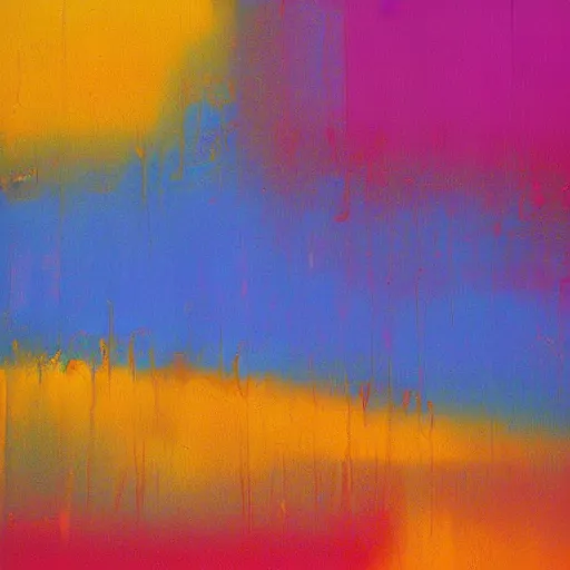 Prompt: a beautiful abstract turquoise, purple, orange and yellow impasto textured painting by gerhard richter, texture