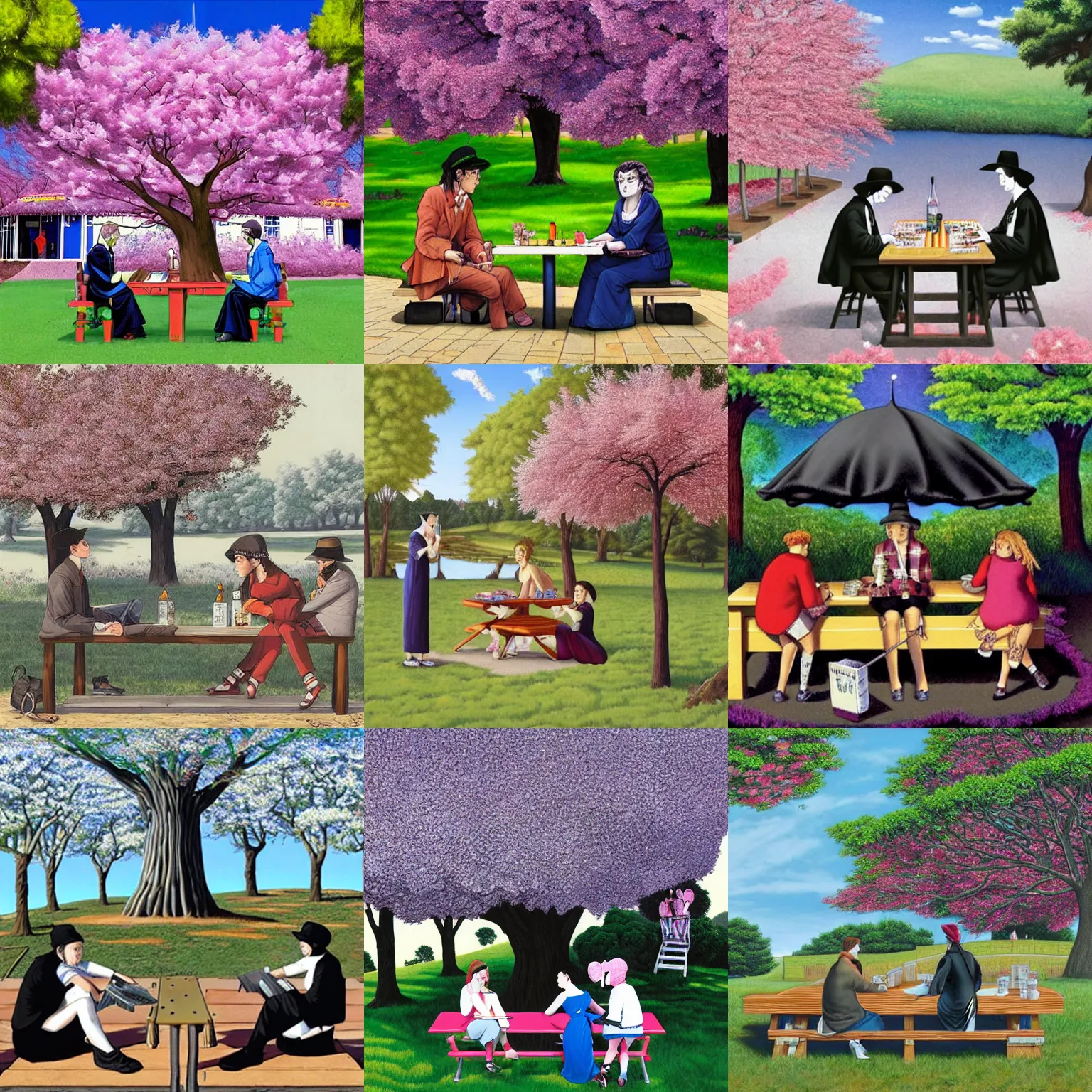 Prompt: art by rob gonsalves depicting three goths sitting at a picnic table in the shade, talking beneath a cherry blossom outside a blockbuster video store.