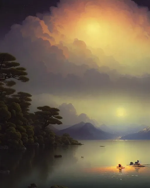 Prompt: a hyper realistic matte painting of the lake lake full of river lanterns, distant mountains, night sky ， clouds, by ohara koson and ivan aivazovsky and stephan martiniere, heavenly lighting, retrowave, 4 k hd wallpaper