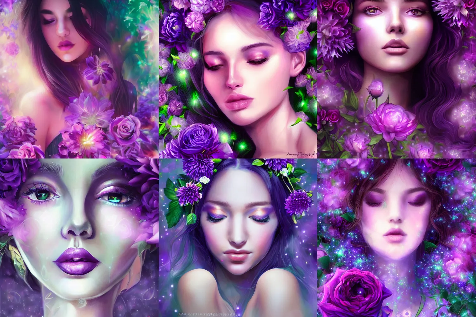 Prompt: closeup portrait of an ethereal person made of purple light, divine, cyberspace, mysterious, surrounded by flowers, roses, dahlias, art by Artgerm