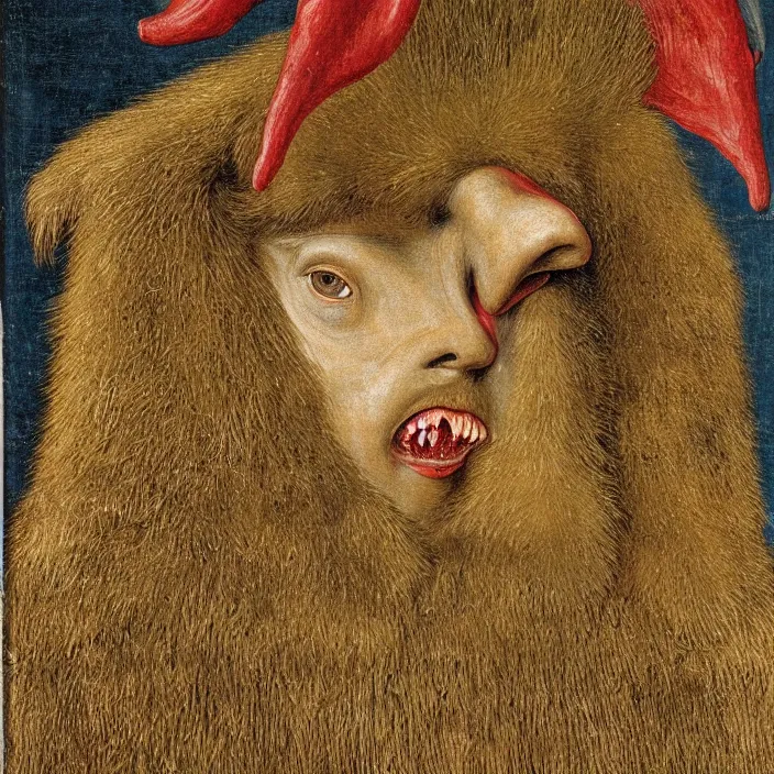 Prompt: close up portrait of an overdressed mutant monster creature with snout, horns, insect wings, unibrow, piercing eyes, toxic smile. jan van eyck, audubon