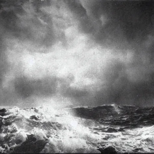 Prompt: giant anomalous creature in the middle of a violent stormy ocean, 1910s photograph