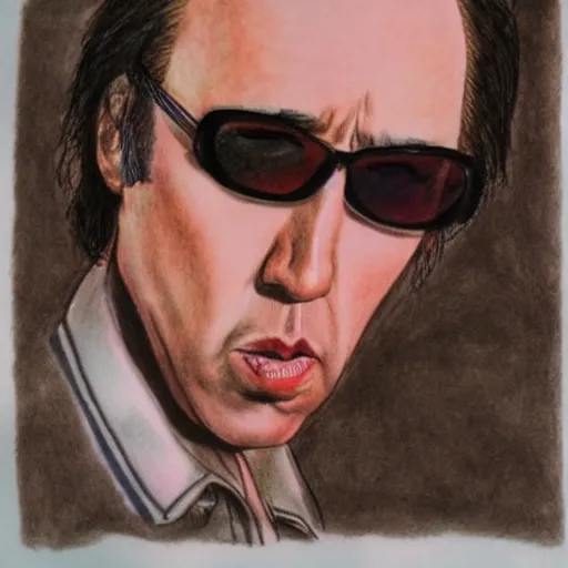 Image similar to Nicholas Cage in Fear and Loathing in Las Vegas, detailed ballpoint drawing with water color background