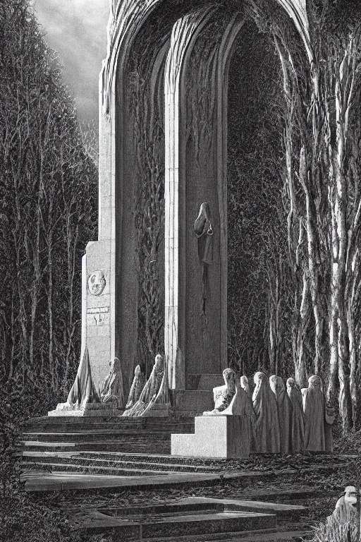 Image similar to Artwork by Ted Nasmith of the cinematic view of the Cenotaph of Ever-changing Blasphemy.