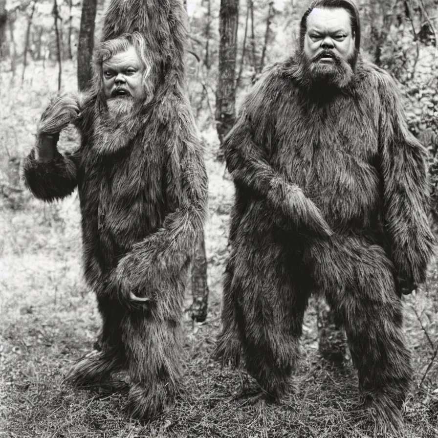 Prompt: An Annie Leibovitz portrait of Orson Welles in a Bigfoot costume