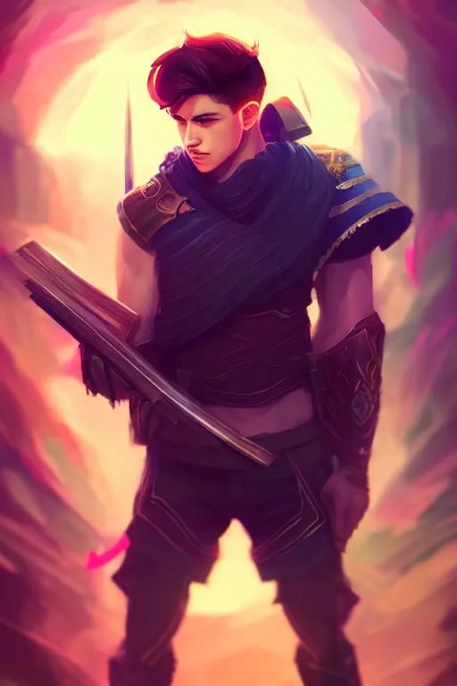 Image similar to a handsome young warrior with a gun in his hand, blurred environment background, colorful magic effects, white skin, portrait, male, clothed, sharp focus, digital art, concept art, trending on artstation, dynamic lighting, by emylie boivin and rossdraws