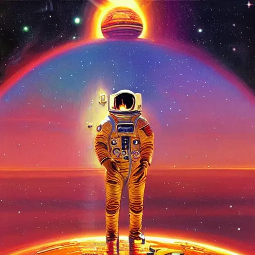 Prompt: astronaut sitting on the golden chair in galaxy, digital painting by dean cornwall, rhads, john berkey, tom whalen, alex grey, alphonse mucha, donoto giancola,