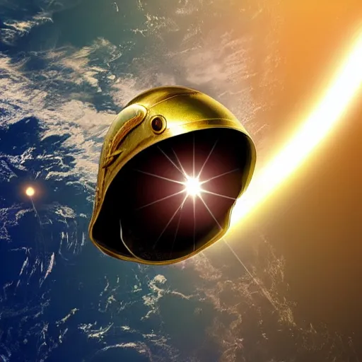 Image similar to a roman helmet flying in space with the earth in the background, sun flare.