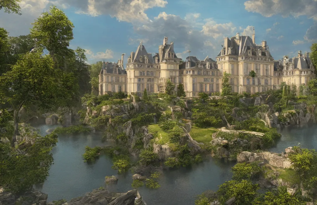 Image similar to a hyper realistic professional photographic view picture of a french chateau filter unreal engine 5 realistic hyper detailed 8k ultradetail cinematic concept art volumetric lighting, very beautiful scenery, very realistic painting effect, hd, hdr, cinematic 4k wallpaper, 8k, ultra detailed, high resolution, artstation trending on artstation in the style of Albert Dros glowing rich colors powerful imagery nasa footage drone footage drone photography