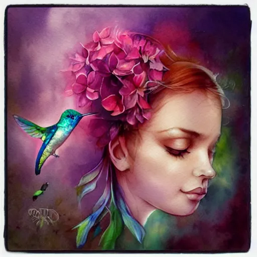Prompt: watercolor flower humming birds and butterflys by anna dittmann