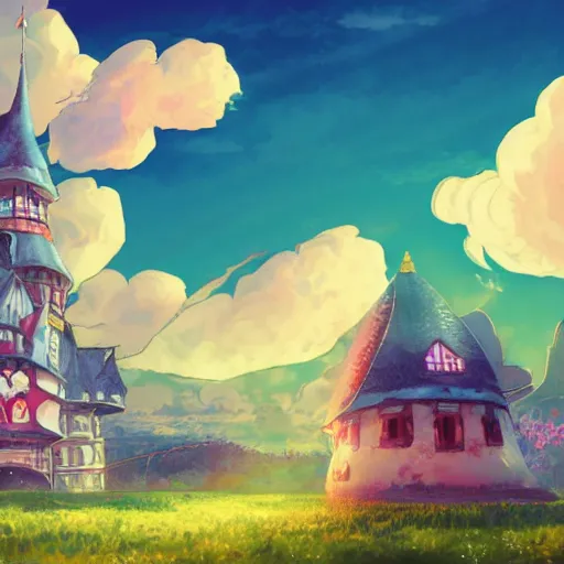 Prompt: photo cartoon illustration comics manga painting of castle, fantastic candy house, blue skies and lots of clouds, fairy tales, bright colors and high picture, quality, by makoto shinkai, hdr, digital painting, unreal engine, 8 k, volumetric lighting, contra