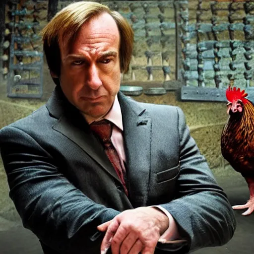 Image similar to saul goodman and a rooster in a medieval torture chamber, saw blades and knives in the background, horror movie, saul goodman!!!!!, rooster!!!!, real life photo, detailed face