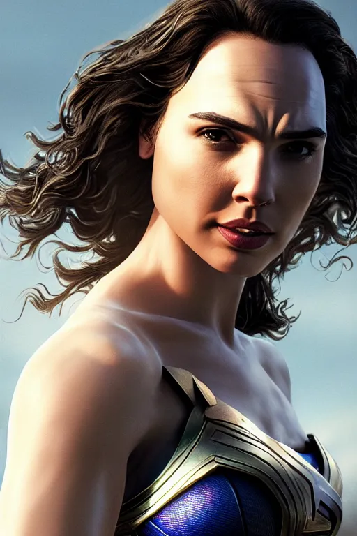 Image similar to a fancy portrait close up of Man of Steel cast as gal gadot by Greg Rutkowski, Sung Choi, Mitchell Mohrhauser, Maciej Kuciara, Johnson Ting, Maxim Verehin, Peter Konig, 8k photorealistic, cinematic lighting, HD, high details, dramatic, trending on artstation, full body shot