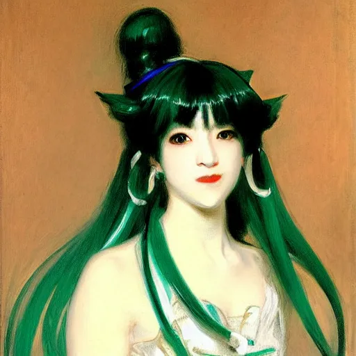 Prompt: painted portrait of miku hatsune, by john singer sargent