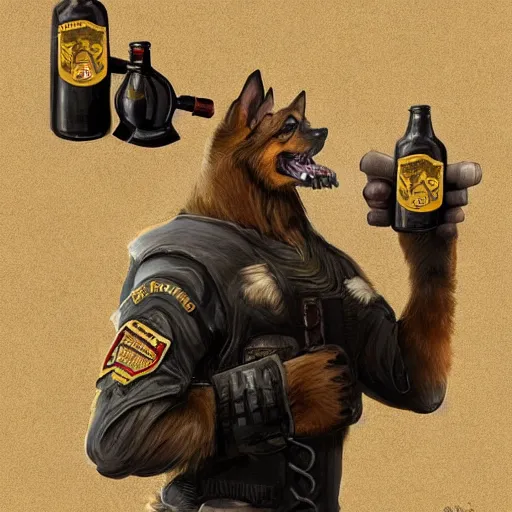 Image similar to a humanoid german shepherd beast - man in military style, holding a bottle of beer, artstation, concept art, smooth, sharp foccus ilustration, artstation