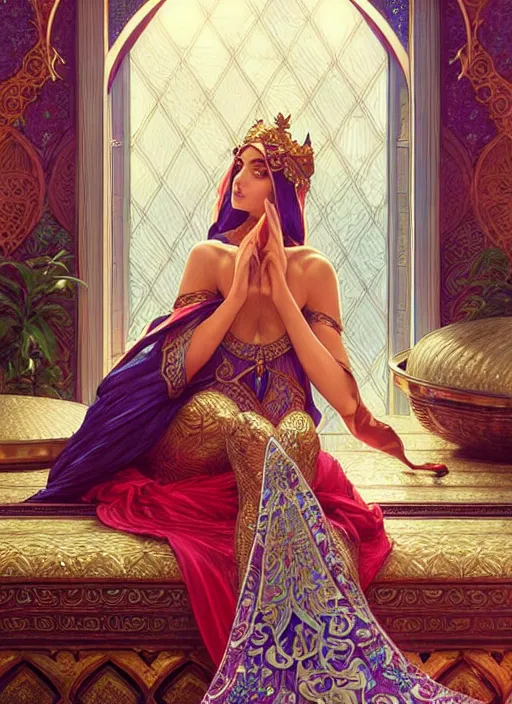 Image similar to an arabian princess relaxing in her palace, raining outside, shiny, fantasy, intricate, elegant, hyper detailed, ultra definition, photoreal, artstation, unreal engine rendered, concept art, smooth, sharp focus, illustration, art by artgerm and greg rutkowski and alphonse mucha and garis edelweiss