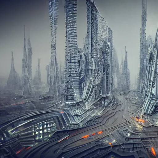 Prompt: photo of a futuristic city in a dystopian future made of electronic components by hr giger and zdzislaw beksinski. Very detailed 8k. Unreal engine 5 render with nanite, global illustration and path tracing. Cinematic post processing.