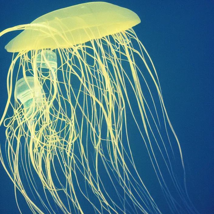 Prompt: luminescent, deep ocean ribbon jellyfish, 3 5 mm photograph