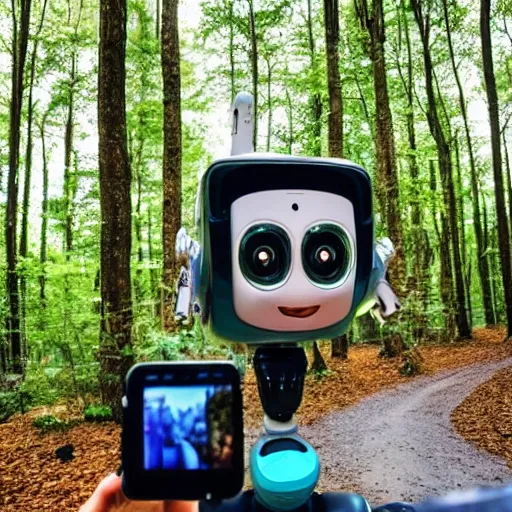 Prompt: A robot taking a selfie in the forest and grinning from ear to ear