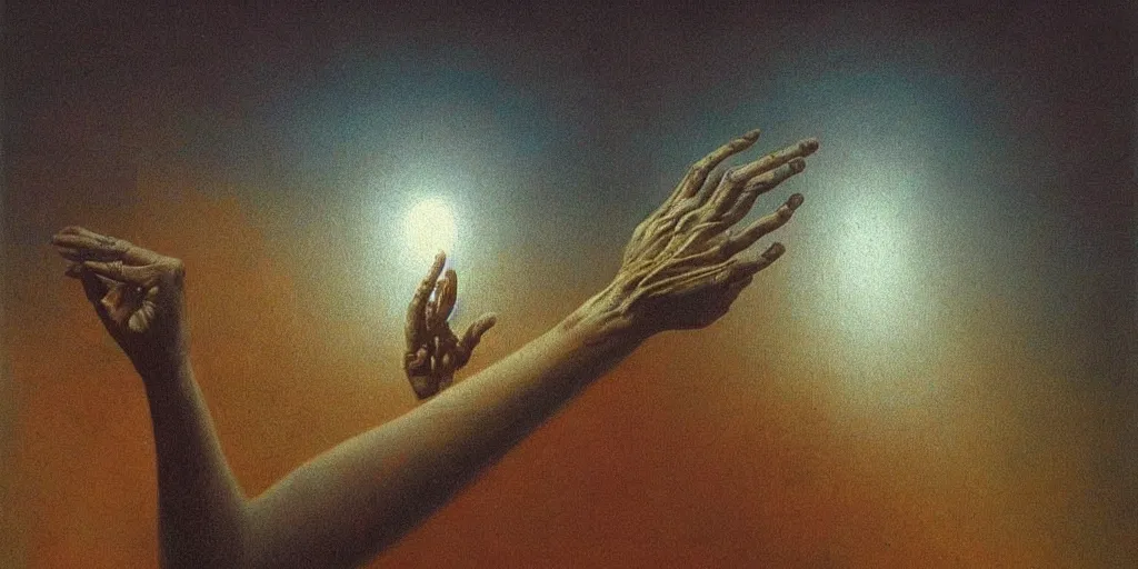 Prompt: Painting in style of Beksinski of an old human hand, that is reaching for light. Dramatic, highly detailed, masterpiece