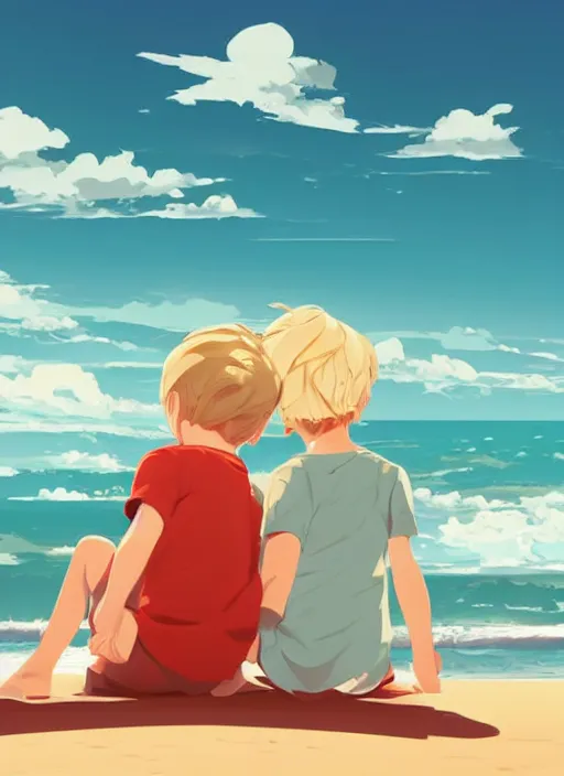 Image similar to two little boys with tousled blonde hair sitting on a beach. clean cel shaded vector art. shutterstock. behance hd by lois van baarle, artgerm, helen huang, by makoto shinkai and ilya kuvshinov, rossdraws, illustration, art by ilya kuvshinov