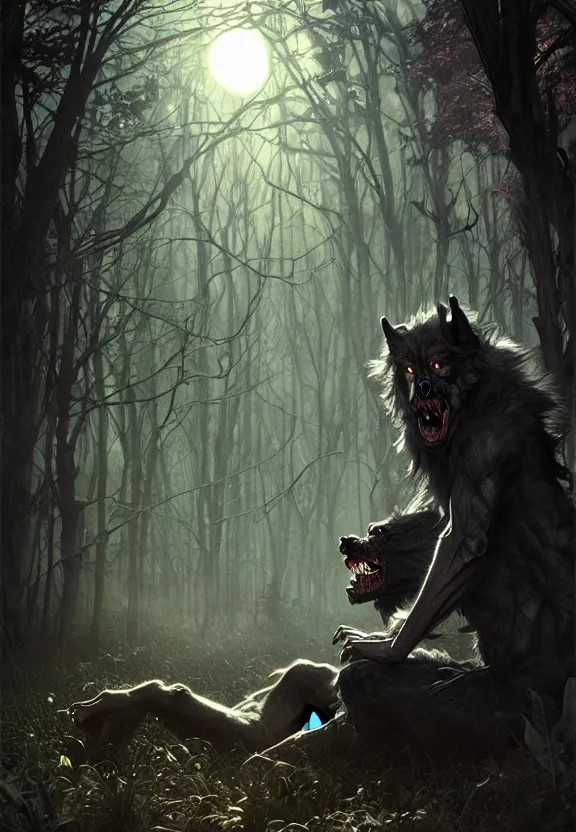 Prompt: encounter with a monstrous werewolf at a spooky old cemetery, fantasy magic, dark light night, horror, sharp focus, illustration, highly detailed, digital painting, concept art, matte, art by WLOP and Artgerm and Greg Rutkowski and Alphonse Mucha, masterpiece