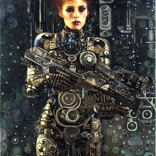 Image similar to cybernetic female supersoldier armed with laser rifle, intricate detail, klimt, royo, whealan,