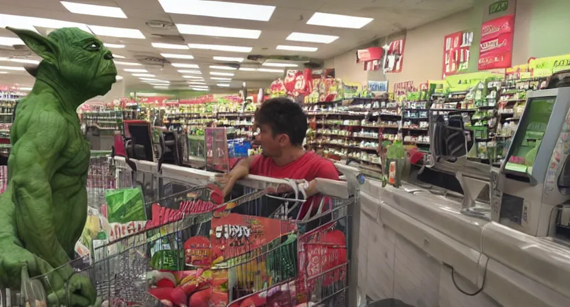 Image similar to a mix between Hulk and Yoda and Dobby and gollum buying groceries in a seven eleven, center frame medium shot, shot on technicolor cinemascope 35mm anamorphic lense, flare