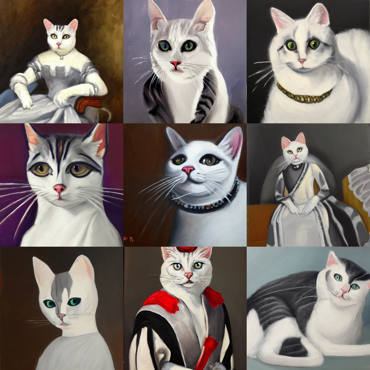 Prompt: white and grey cat dressed as a queen, oil painting