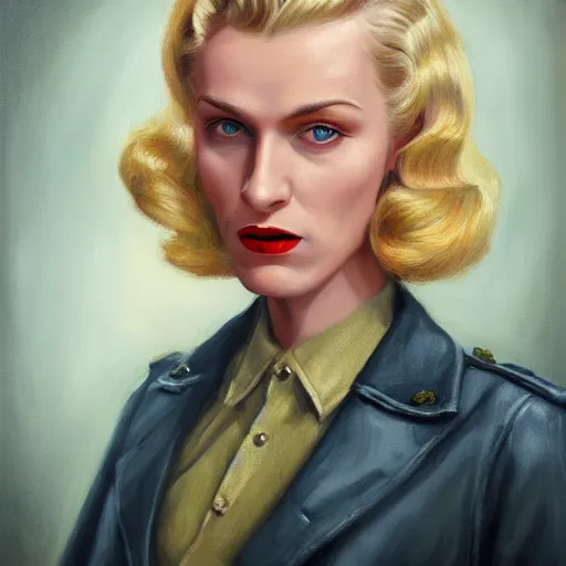 Image similar to A Hearts of Iron IV portrait of a blonde German actress with high cheekbones. Good bone structure. Dressed in 1940s style. Highly detailed, fine Art, high detail, great lighting, 8k resolution, masterpiece, concept art, illustration, clear eyes, painting oil on canvas, octane render, HDR, trending on artstation, 4k, 8k, HD