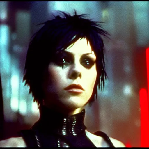 Prompt: a film portrait still of joan jett in blade runner, gritty cyberpunk atmosphere. realism, shiny, cinematic lighting, beautiful gothic fantasy photorealistic, 4 k. 8 mm. grainy. panavision.