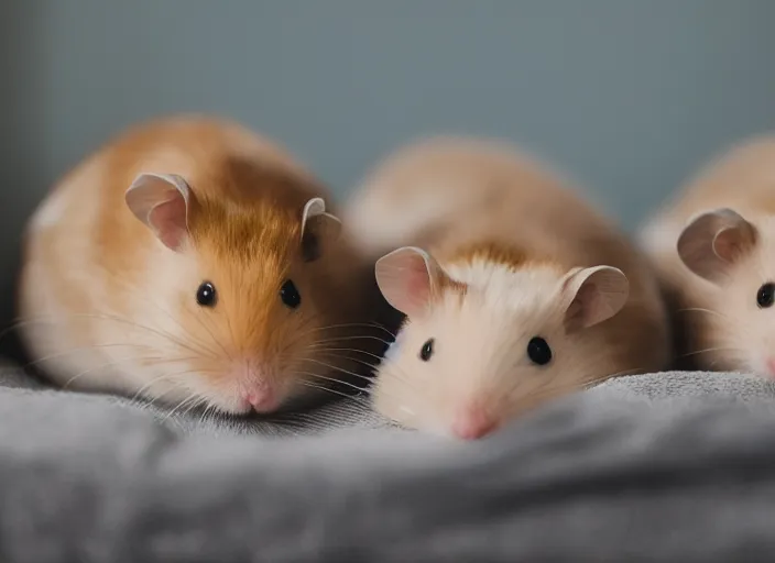 Image similar to photo of a two hamsters laying inside a bed, cinematic color grading, various poses, soft light, faded colors, well framed, sharp focus, 8 k
