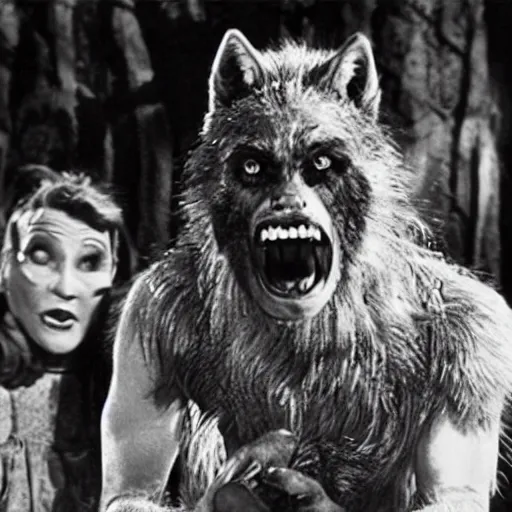 Prompt: film still of a werewolf asking for food in the wolf man 1 9 4 1