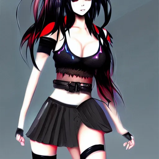 Image similar to goth anime girl in mini skirt and crop top intricate, extremely detailed, digital painting, artstation, concept art, smooth, sharp focus, illustration, intimidating lighting, incredible art,