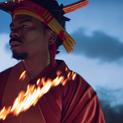 Image similar to cinematic film still of Chance The Rapper starring as a Samurai holding fire, Japanese CGI, VFX, 2022, 40mm lens, shallow depth of field, film photography