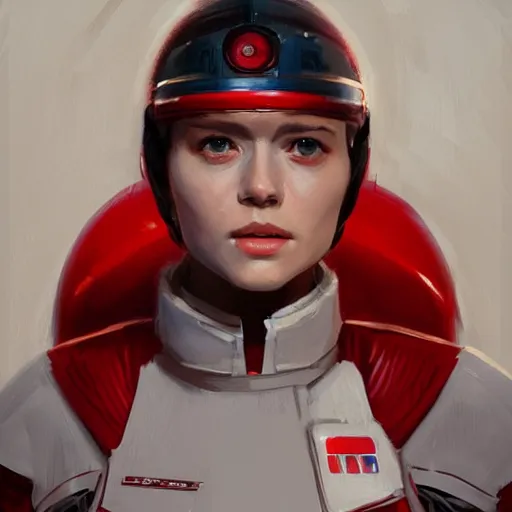 Prompt: portrait of a woman by greg rutkowski, a female starfighter pilot of the galactic triunvirate, wearing a red and white pilot uniform, star wars expanded universe, highly detailed portrait, digital painting, artstation, concept art, smooth, sharp foccus ilustration, artstation hq