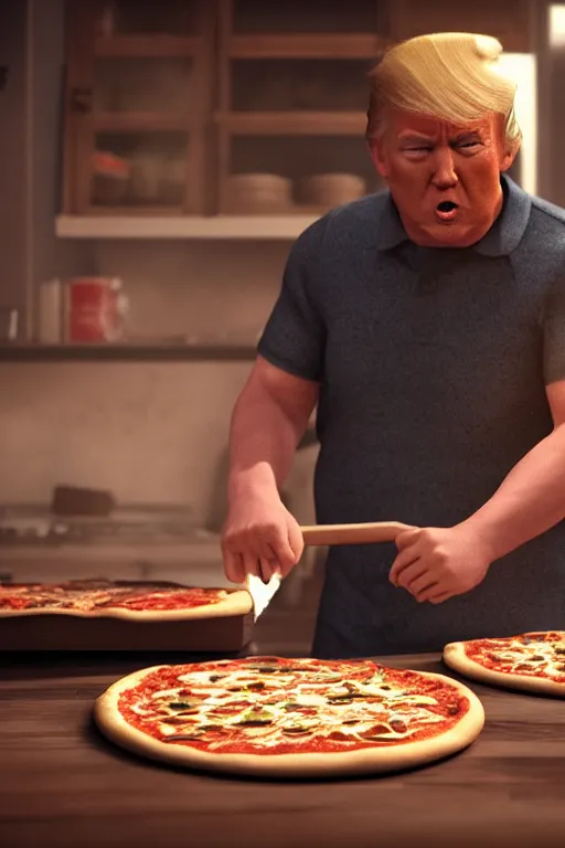 Image similar to trump making a pizza, long shot, cinematography by wes anderson, 4 k octane render, intricate detail, photorealistic, cinematic lighting, artstation