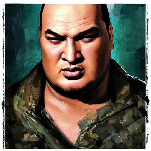 Image similar to tattoo design, a professional painting of a beautiful young obese steven seagal, partially clothed in battle armor, olive skin, long dark hair, beautiful bone structure, symmetrical facial features, intricate, elegant, digital painting, concept art, smooth, sharp focus, illustration, from Metal Gear, by Ruan Jia and Mandy Jurgens and Greg Rutkowski and Artgerm and William-Adolphe Bouguerea and artgerm, cat girl, anime