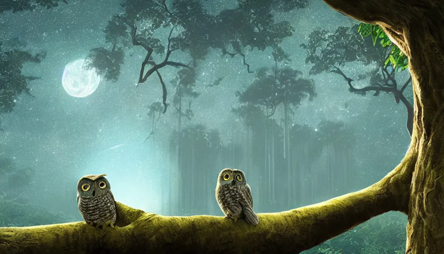 Image similar to very very small owl, sitting on a gigantic banyan tree in moonlit kerala by ilya kuvshinov, starry night, rtx rendering, octane render 1 2 8 k, maya, extreme high intricate details by tom bagshaw, medium shot, close up shot, composition by sana takeda, lighting by greg rutkowski