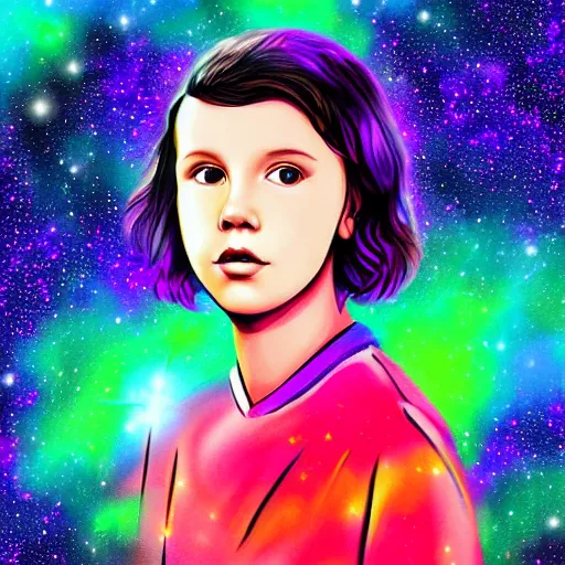 Image similar to Digital Art of Millie Bobby Brown made of galaxies