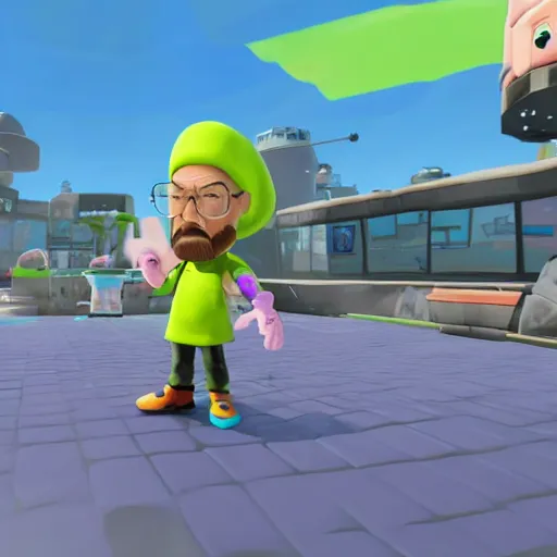 Image similar to walter white in splatoon as an inkling, standing next to an inkling, wide shot, in game screenshot, unreal engine, high definition