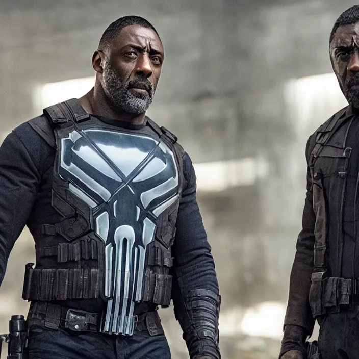 Image similar to film still of Idris Elba as Punisher in new Marvel film, photorealistic 4k