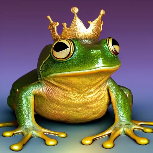 Image similar to a cute frog wearing a golden metal crown, by esao andrews, by m. w. kaluta, volumetric light, rich colors, very humorous oil painting, realistic reflections, smooth, concept art, depth perception, high depth of field, 4 k, unreal engine 5, ultradetailed, hyperrealistic, artstation