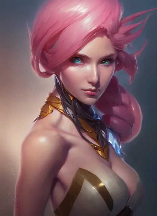 Image similar to zyra, wide angle view, white, black, blue, pink, gold, highly detailed, artgerm, cushart krenz, trending on artstation, soft light, sharp edges, illustration, character design, concept art