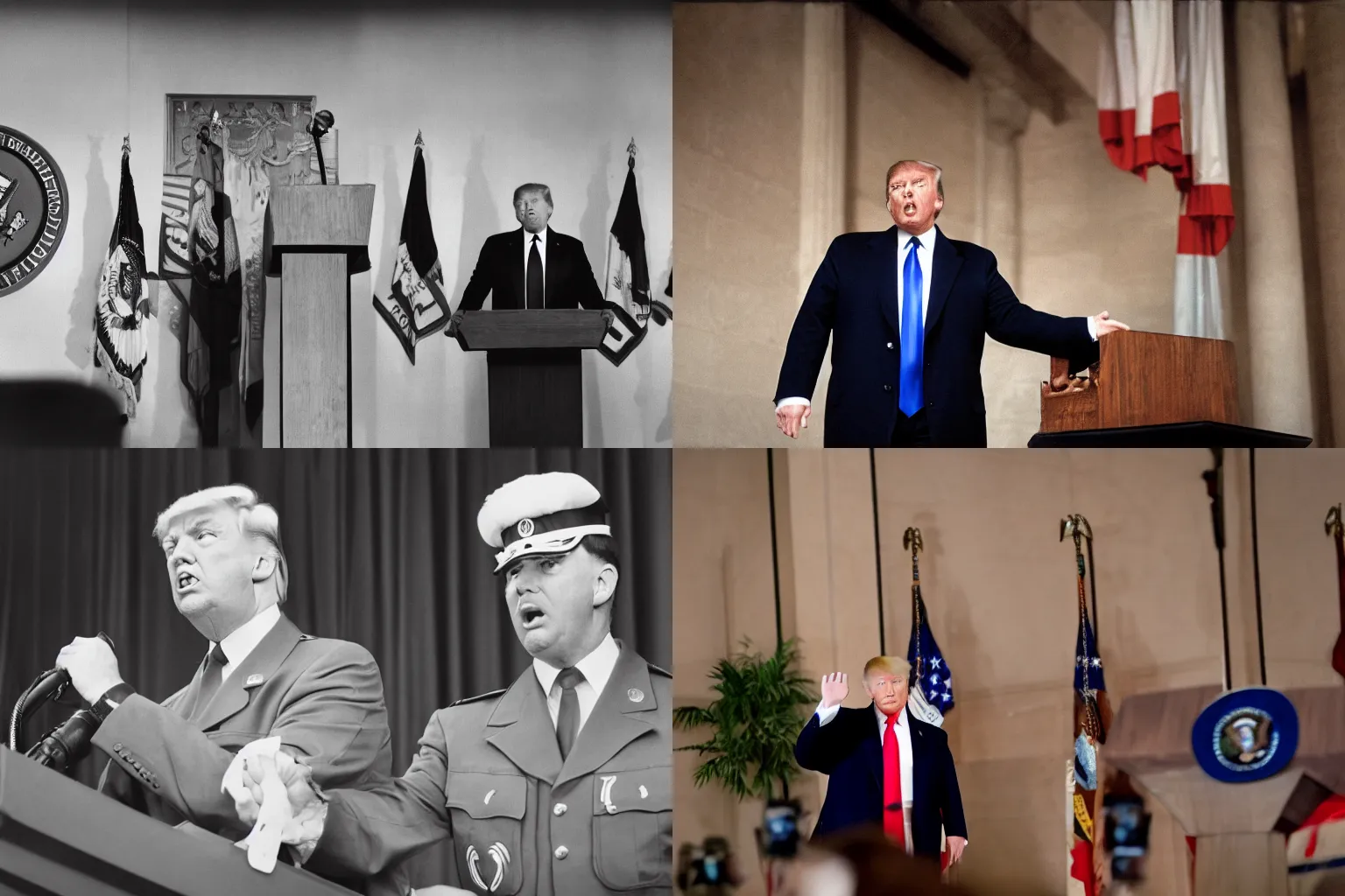 Prompt: upper body portrait of Donald Trump wearing Reichsstaffelführer outfit yelling angrily, standing at a podium inside a busy stadium designed by Marcello Piacentini, off-camera flash, canon 24mm f4 aperture, Ektachrome color photograph