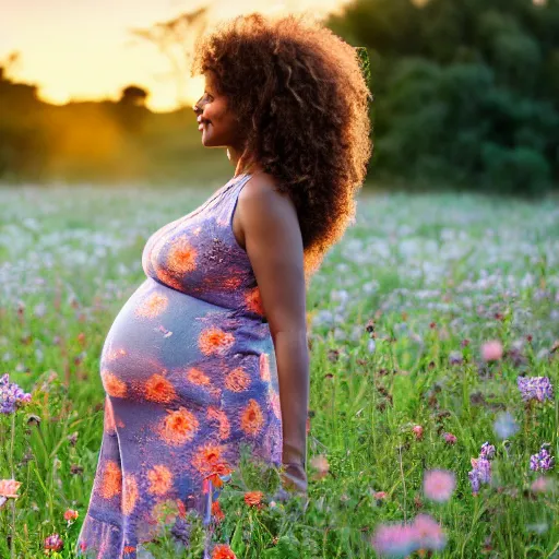 Image similar to pregnant east african woman with curly hair in a vast field of flowers with a tiny black puppy, laying down, looking into the distance, golden hour, vintage, impressionist painting, fine art, oil painting, dreamy, pastel, laughing, happy, intricate details, sharp, peaceful, serene