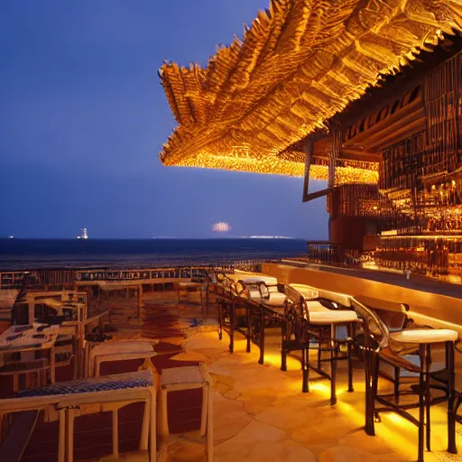 Prompt: rooftop bar overlooking sandy beach in the style of Gaudi, photograph in style of Julius Shurman, warm light glowing, relaxing, dusk, cinematic lighting, trending on artstation