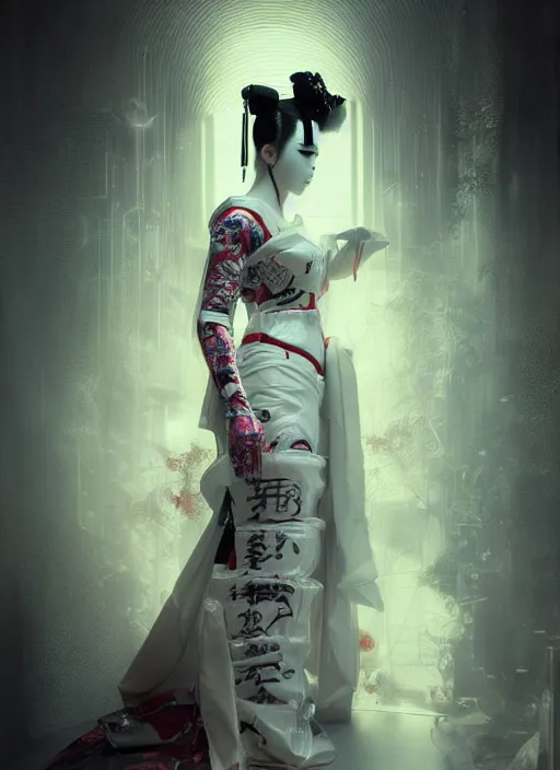 Image similar to portrait of a seductive cyberpunk latex geisha, modern fine art, fractal, in the style of ghosts in the machine, intricate ornaments, elegant, highly detailed, digital photography, subsurface scattering, by greg rutkowski,