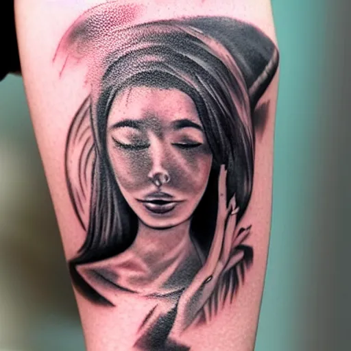 Image similar to tattoo of woman taking off mech mask from her face, concept art